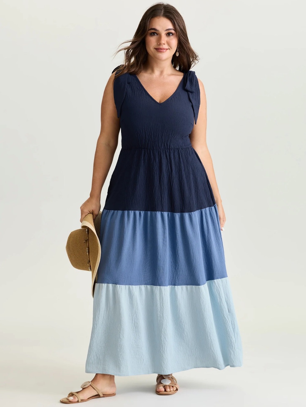 NWT BloomChic Colorblock Shoulder-Tie Tiered Maxi Dress Blue Size 10 $35.90